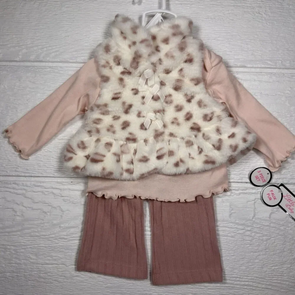 Little Lass Baby Girl 3-Piece Faux Fur Vest Outfit Pink Cheetah 0–3M NWT